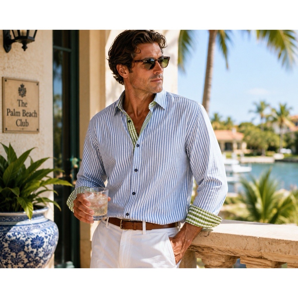 VINTAGE Lee Baron‎ Men Shirt M Slim Handmade Gingham Block Quiet Luxury Palm Oh